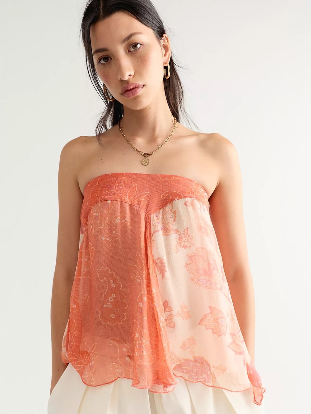 Free People Coral Peach Floral Strapless Camisole